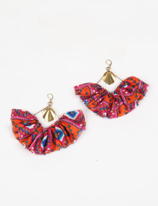 Bold and distinctive MAXI SQUARE EARRINGS – dramatic accessories with fabric frill, metallic charm, and a raw edge. Hypoallergy tested, skin-friendly metal hooks make these earrings unique and glamorous. Elevate your style with these eye-catching, nickel, and lead-free accessories.