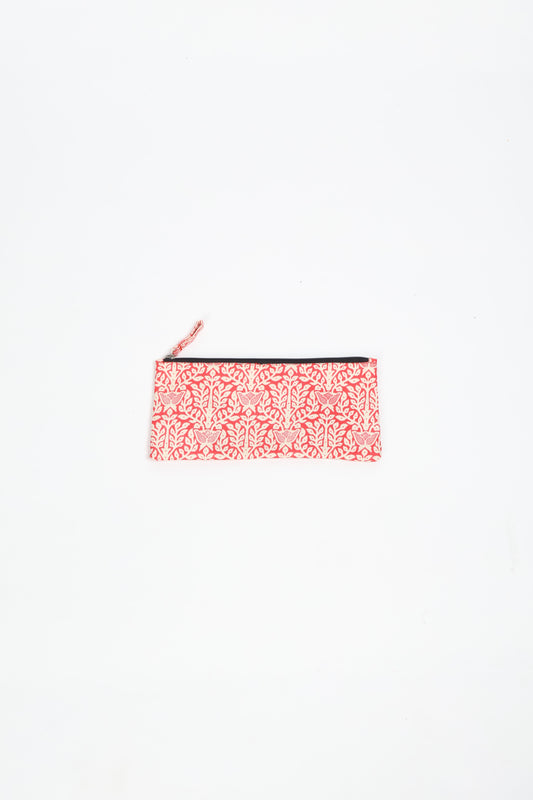 Eco-conscious quilted pencil pouch with waterproof lining made from upcycled garments, reflecting the values of circular fashion, carbon neutral fashion, and repurposed clothing. A perfect example of green fashion and sustainable women's clothing.