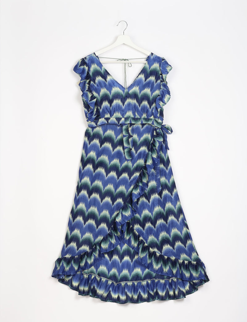 Blue and green ikat patterned frill skirt set with V-neck, ruffle sleeves, wrap style, and tie belt on white hanger