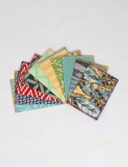 Sustainably crafted FOLDED POSTCARD SET, 10 assorted pieces made with 100% recycled paper and printed sari fabric sourced from Mumbai markets. Eco-friendly with contrast overlock edging. Envelopes included for eco-conscious gratitude and cheerful messages to loved ones.
