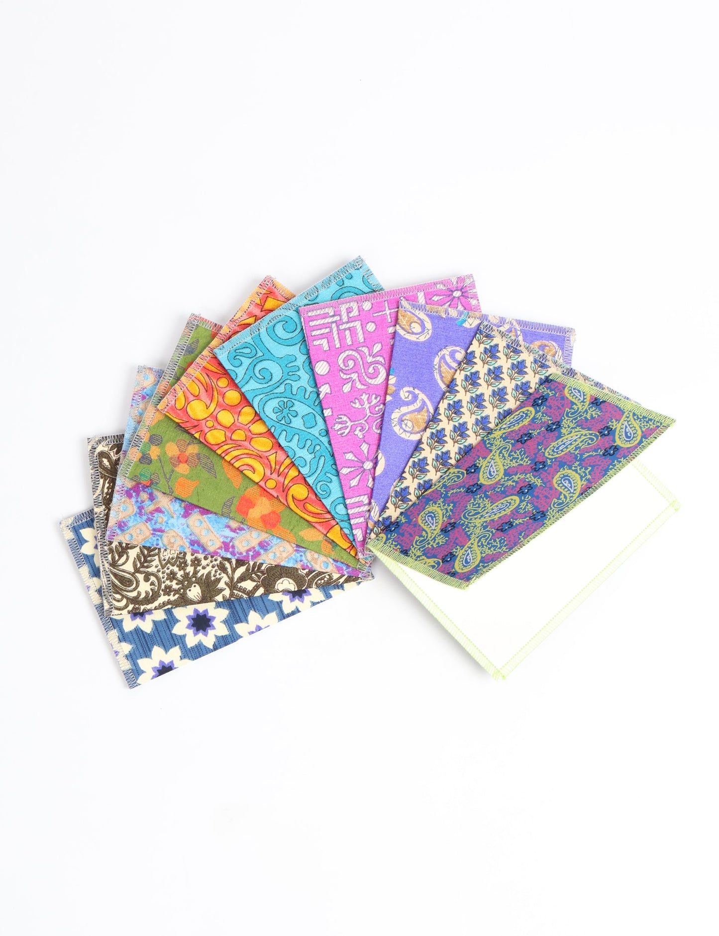 Sustainably crafted FOLDED POSTCARD SET, 10 assorted pieces made with 100% recycled paper and printed sari fabric sourced from Mumbai markets. Eco-friendly with contrast overlock edging. Envelopes included for eco-conscious gratitude and cheerful messages to loved ones.