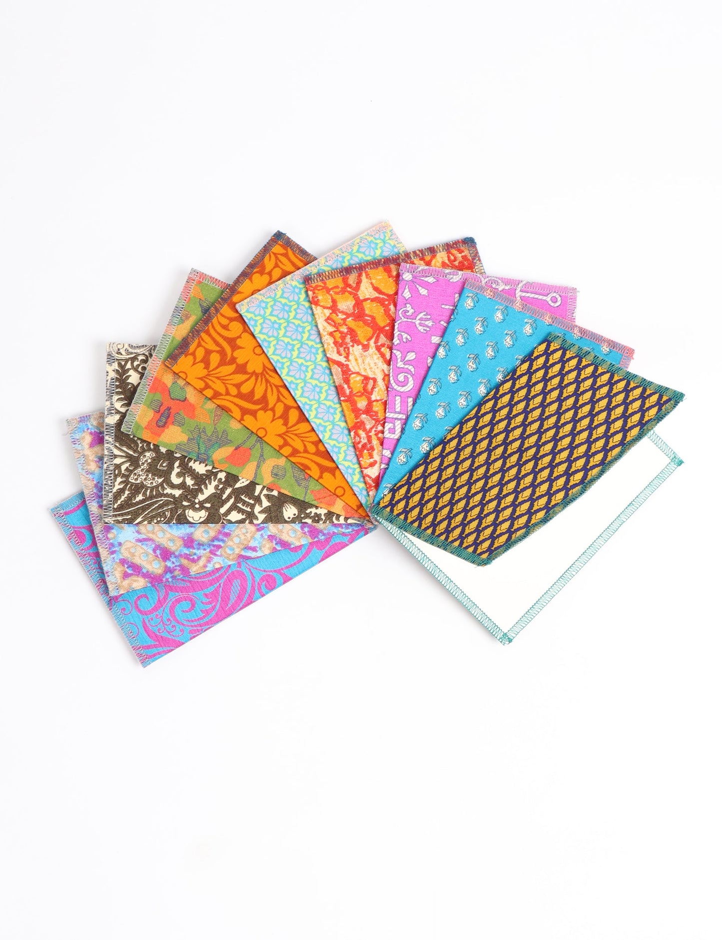 Sustainably crafted FOLDED POSTCARD SET, 10 assorted pieces made with 100% recycled paper and printed sari fabric sourced from Mumbai markets. Eco-friendly with contrast overlock edging. Envelopes included for eco-conscious gratitude and cheerful messages to loved ones.
