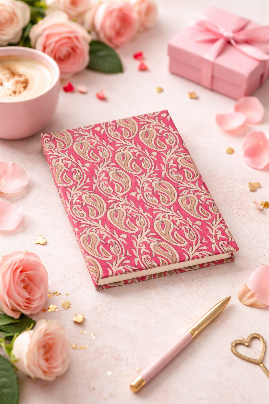 A5 hard cover notebook with pink paisley pattern, shown flat on a light surface with pink roses and a pen nearby