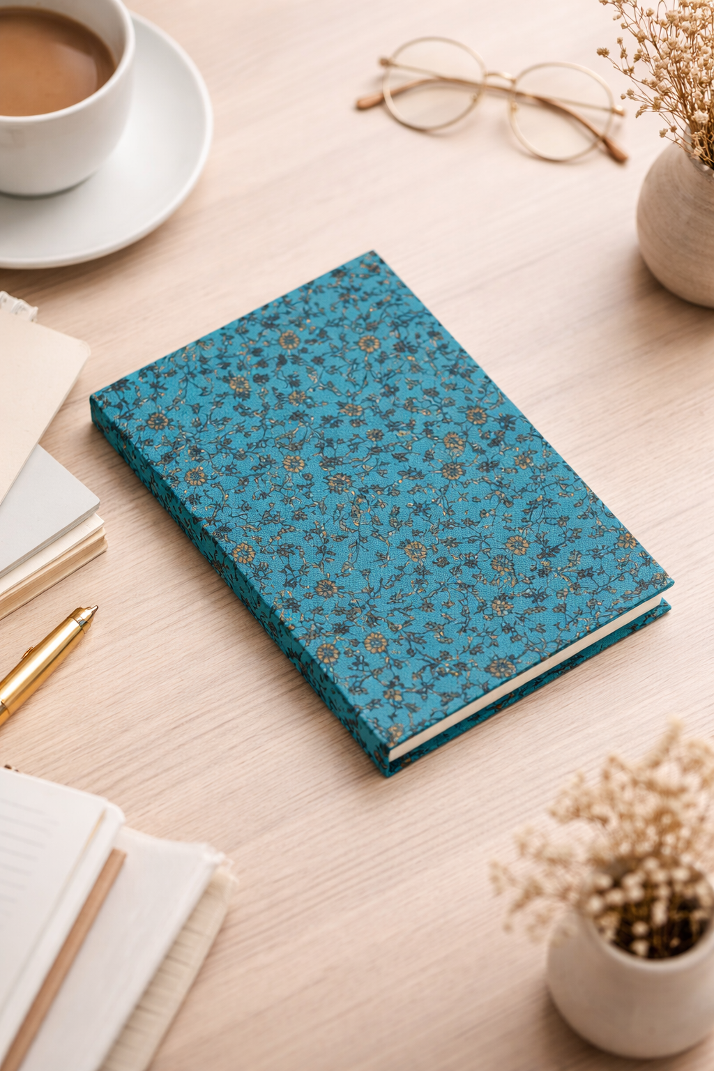 Blue hard cover A5 notebook with a small floral pattern lying flat on a light wood desk next to a pen and glasses