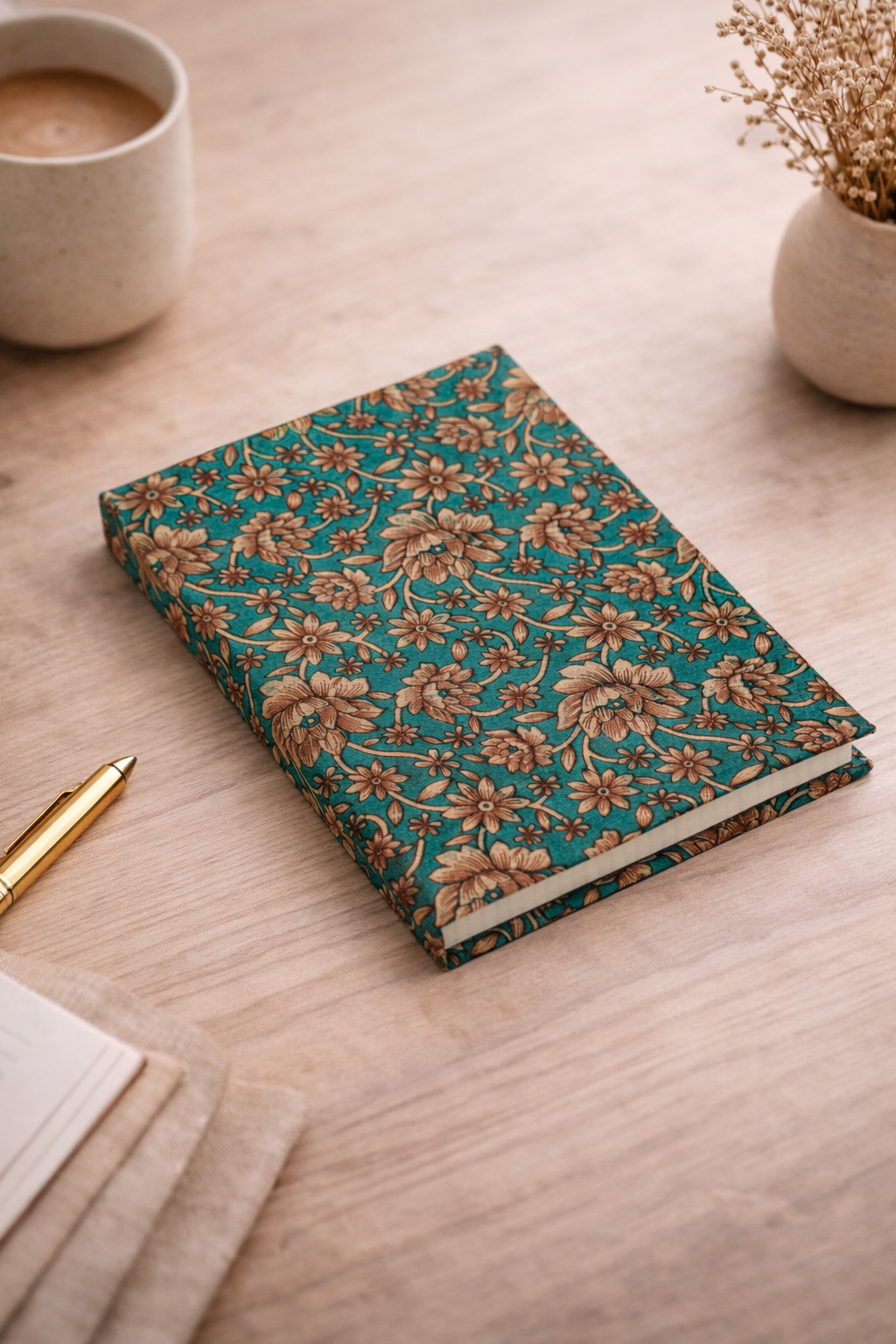 A5 hard cover notebook with green cover and beige floral pattern, shown closed on a wooden surface