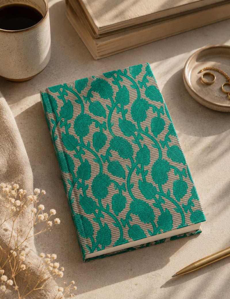 A5 hard cover notebook with green leaf pattern on textured beige cover, shown flat on a table with coffee and jewelry dish