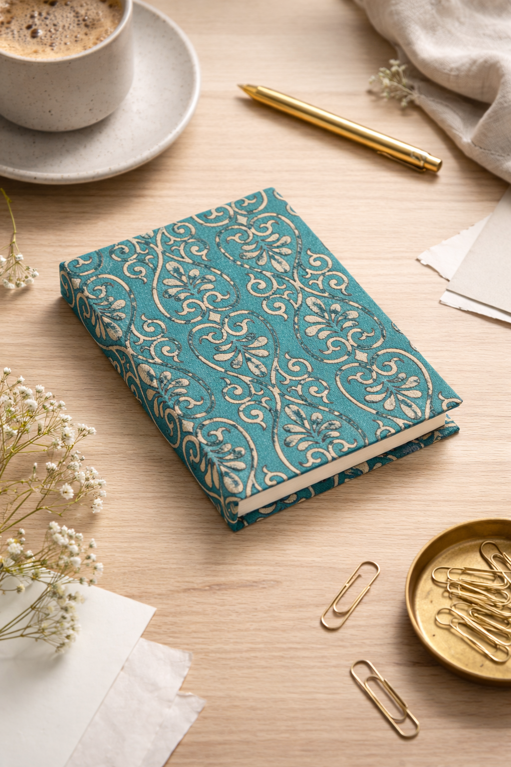 I was a Sari A6 Hard Cover Notebook in teal with gold floral design, featuring lined pages and a textured finish.