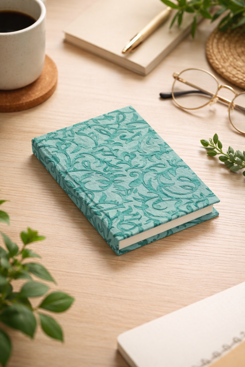 A6 hard cover notebook with teal pre-loved sari fabric cover featuring floral patterns, placed on a wooden desk