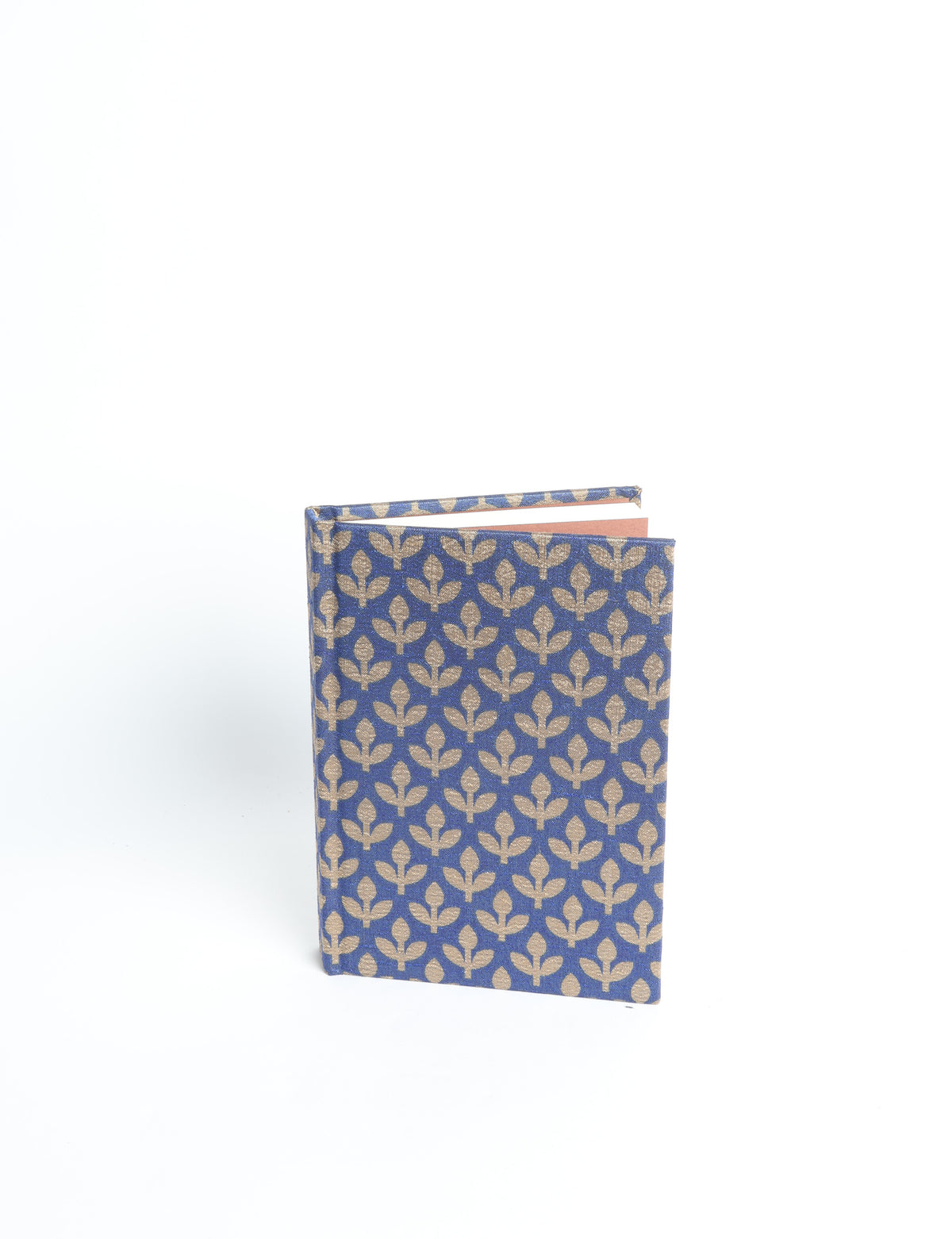 A6 hard cover notebook with teal pre-loved sari fabric cover featuring dark green floral vine pattern, standing upright