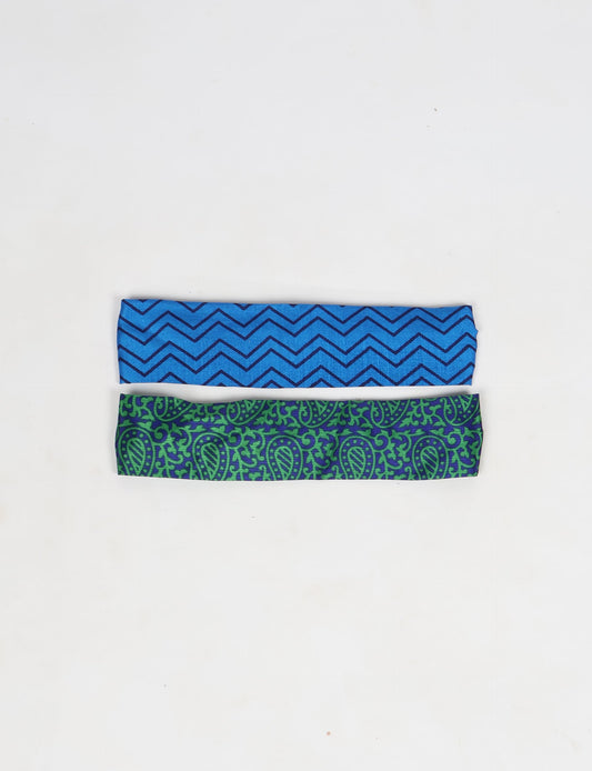Upcycled sari elastic headband in colorful recycled fabric, handmade with zero waste clothing practices—an example of ethical clothing, fair trade fashion, and eco friendly fashion supporting climate neutral, sustainable women’s clothing.