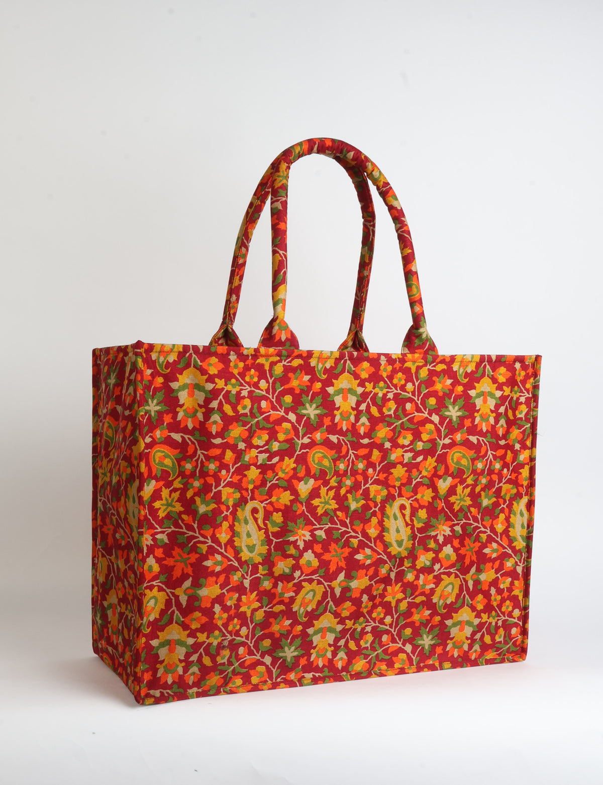 Grey floral patterned work tote bag with padded handles, front view, standing upright on white background