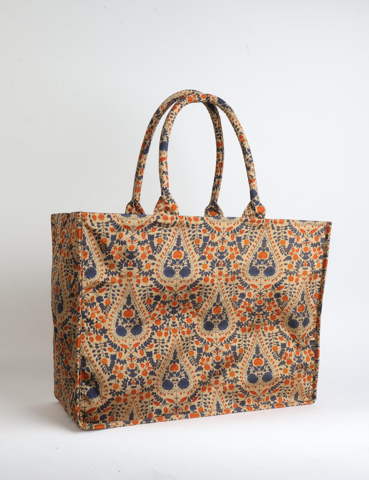 Grey floral patterned work tote bag with padded handles, front view, standing upright on white background