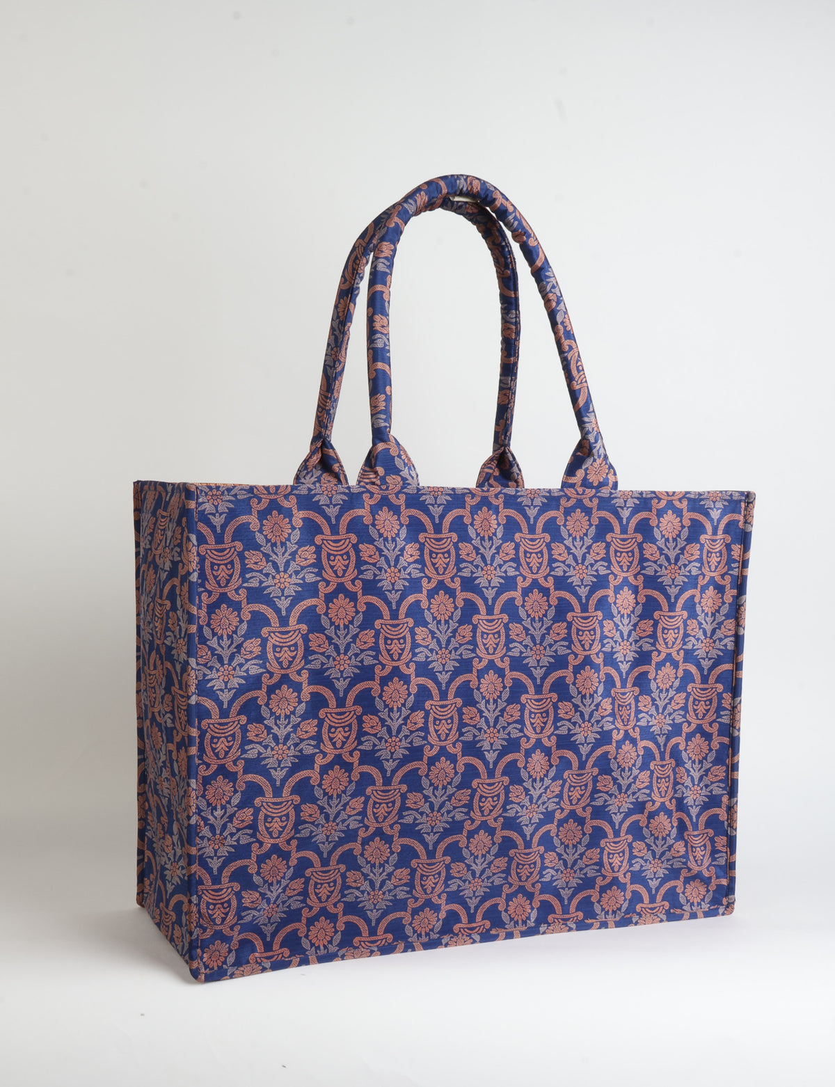 Grey floral patterned work tote bag with padded handles, front view, standing upright on white background