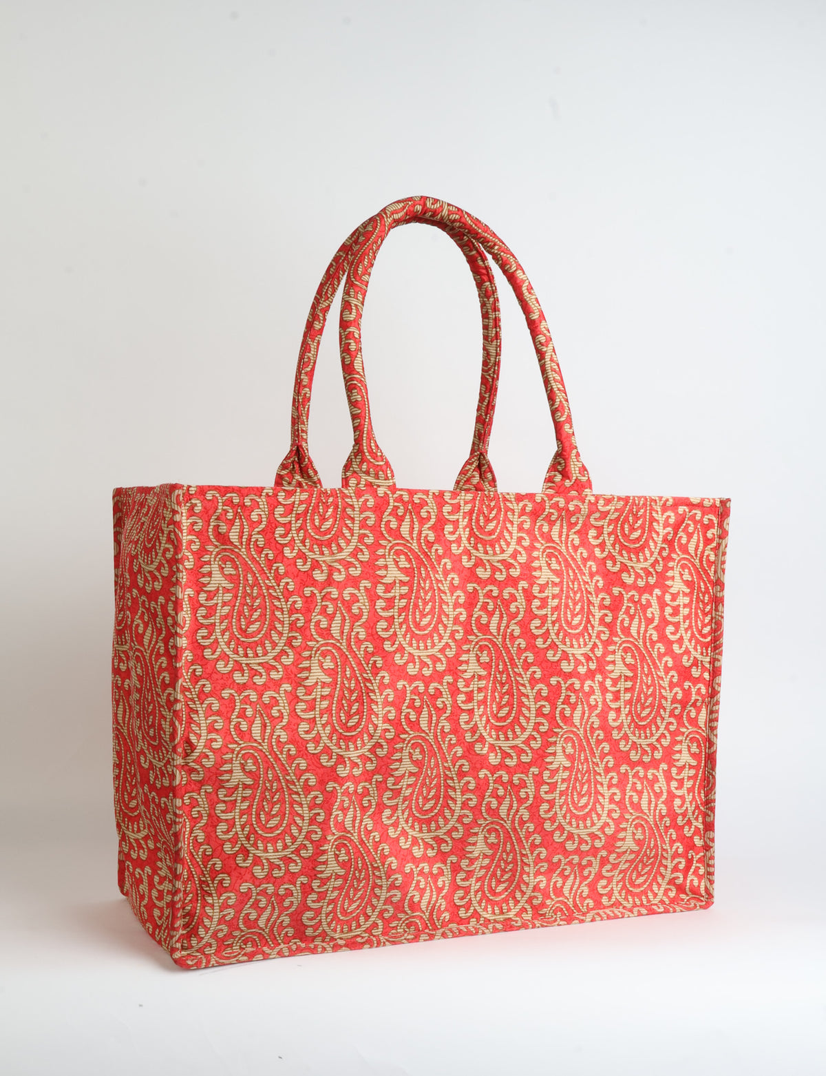 Grey floral patterned work tote bag with padded handles, front view, standing upright on white background