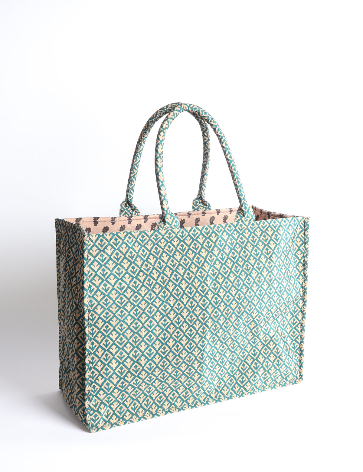 Grey floral patterned work tote bag with padded handles, front view, standing upright on white background