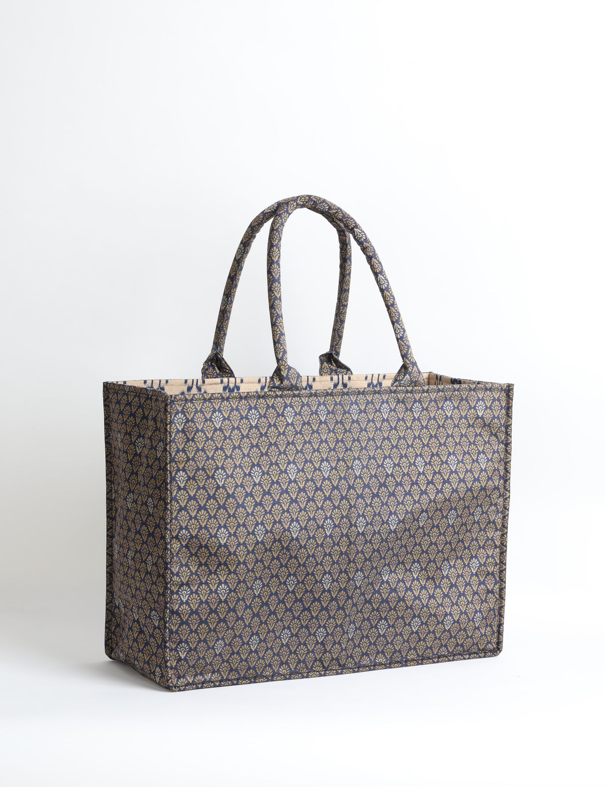 Grey floral patterned work tote bag with padded handles, front view, standing upright on white background
