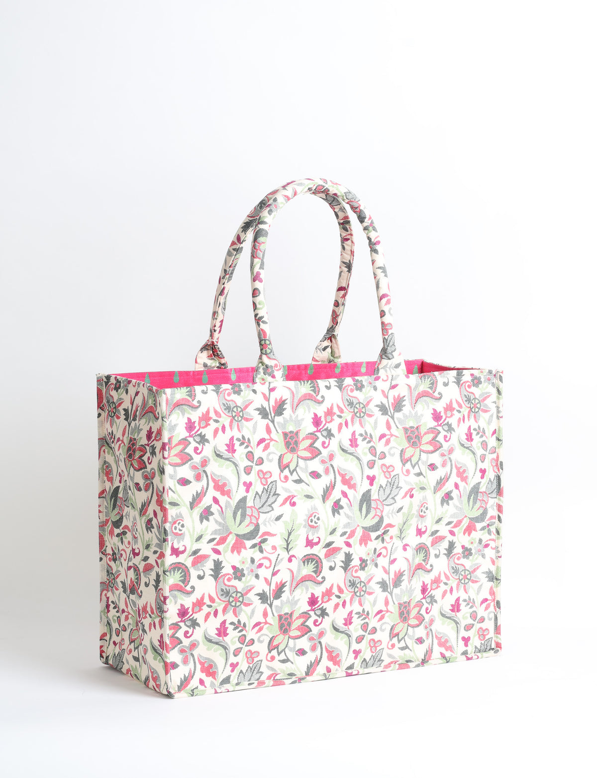 Grey floral patterned work tote bag with padded handles, front view, standing upright on white background