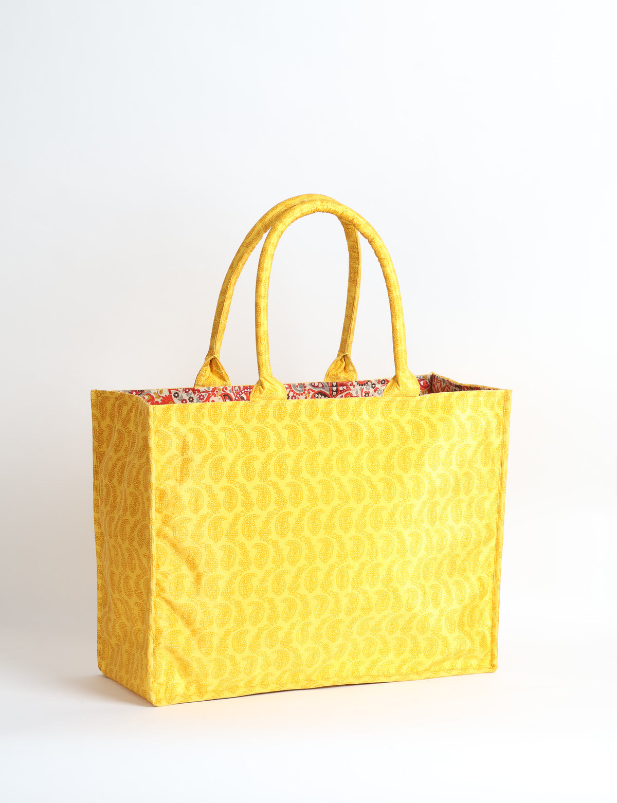 Grey floral patterned work tote bag with padded handles, front view, standing upright on white background