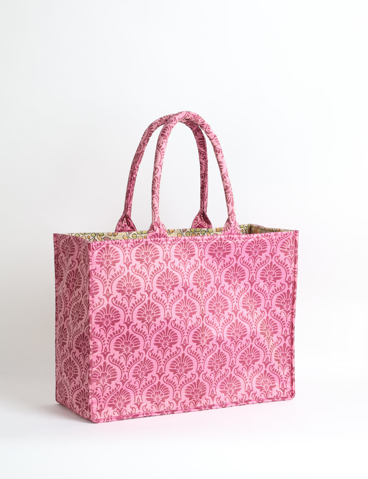 Grey floral patterned work tote bag with padded handles, front view, standing upright on white background