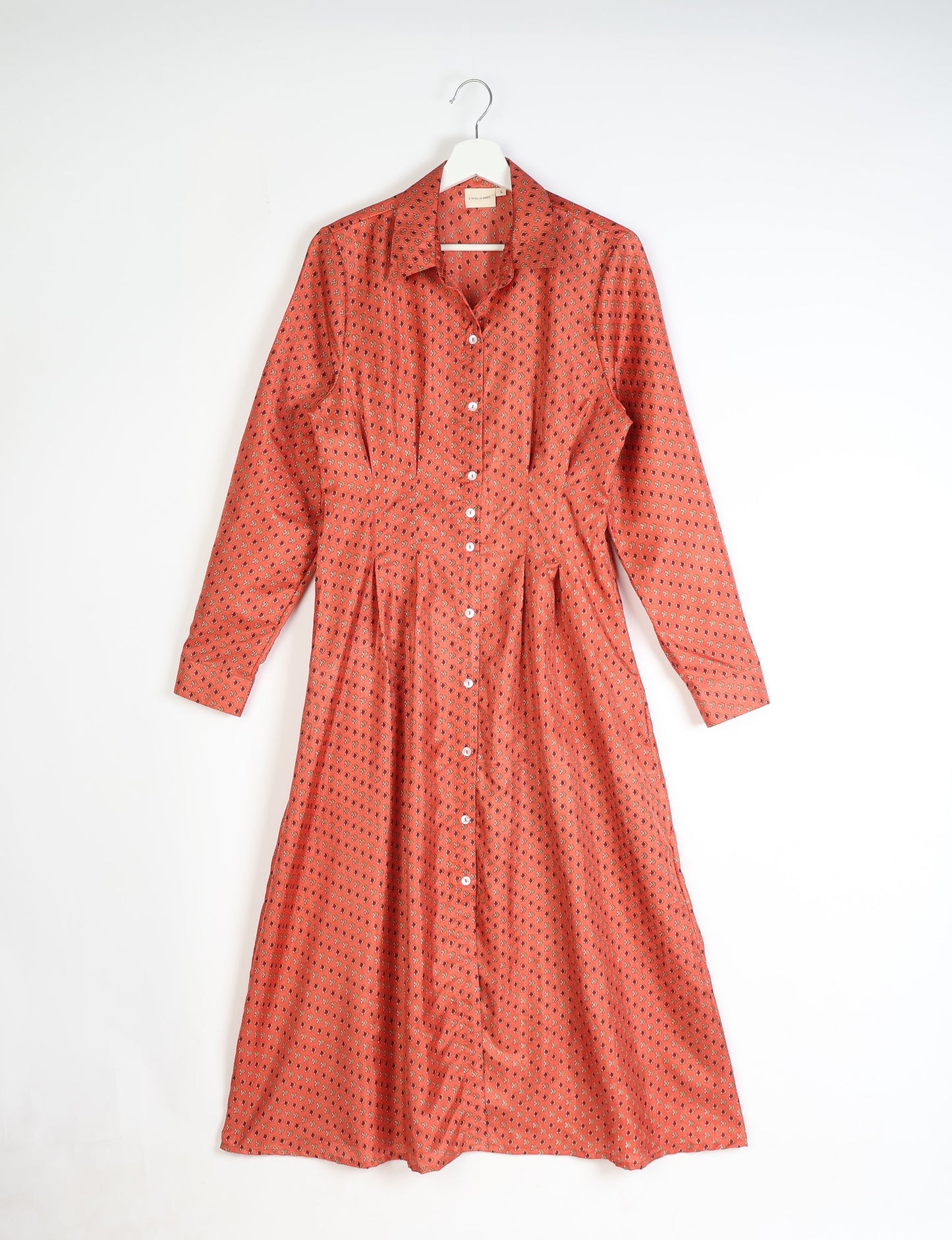 Midi shirt dress with cinched waist, crafted from recycled fabric. A sustainable women's clothing piece representing ethical fashion, eco-friendly products, and upcycled women's clothing.