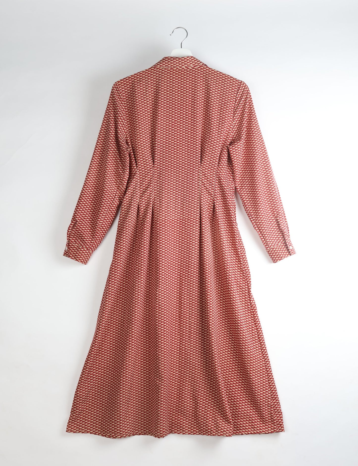 Full-sleeve button-down midi shirt dress made from recycled fabric, featuring a cinched waist and structured collar — an upcycled women’s clothing piece inspired by circular fashion and eco friendly fashion trends promoting earth friendly clothing.