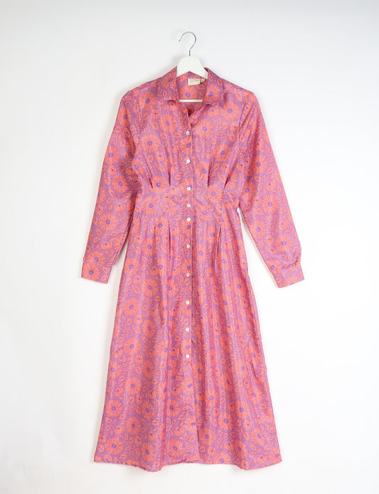 Midi shirt dress with cinched waist, crafted from recycled fabric. A sustainable women's clothing piece representing ethical fashion, eco-friendly products, and upcycled women's clothing.
