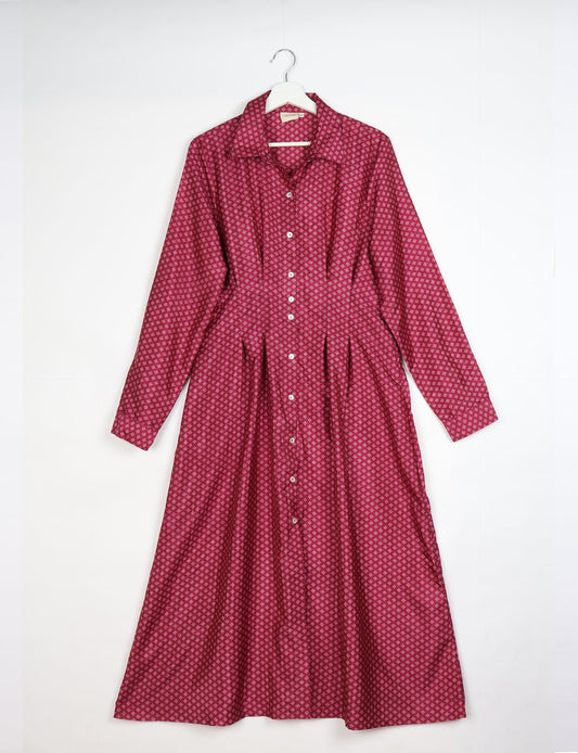 Midi shirt dress with cinched waist, crafted from recycled fabric. A sustainable women's clothing piece representing ethical fashion, eco-friendly products, and upcycled women's clothing.