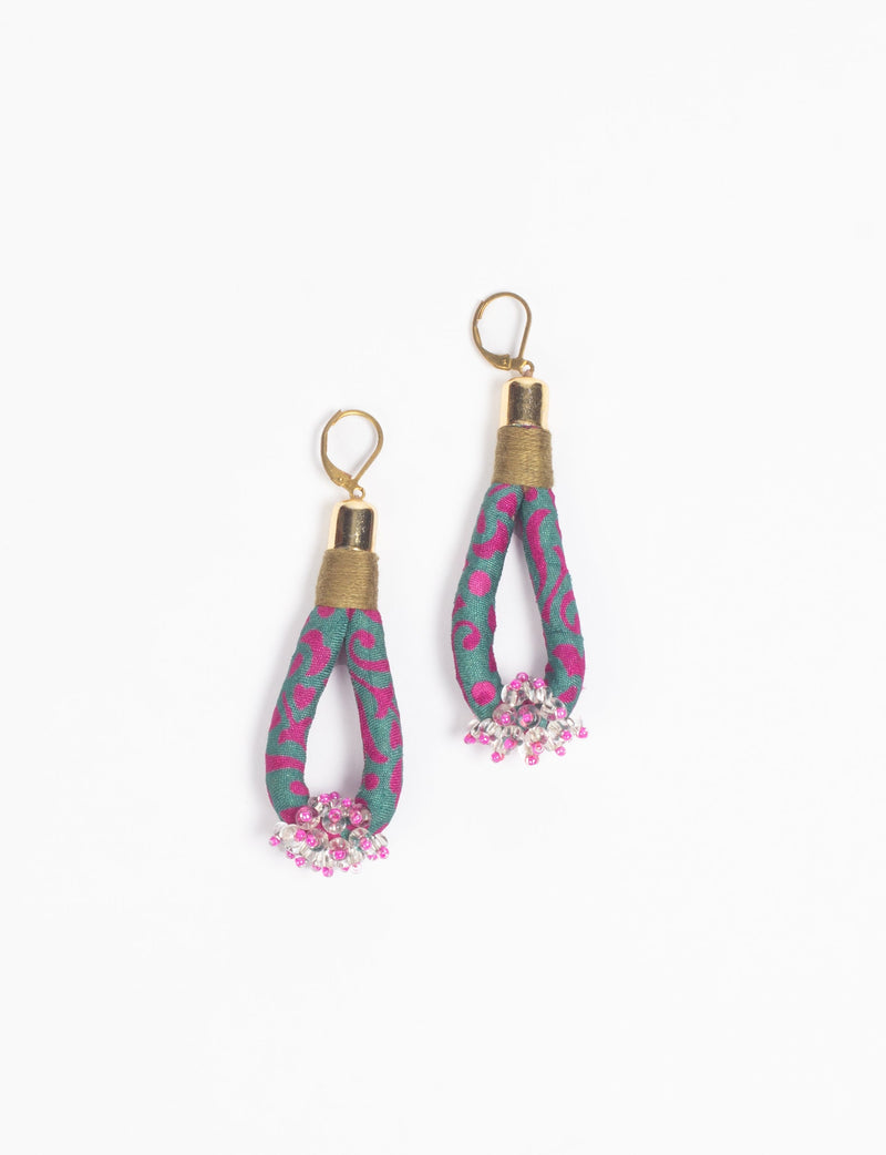 Pink and teal fabric loop drop earrings with gold-tone hooks and pink and clear beaded clusters at the bottom