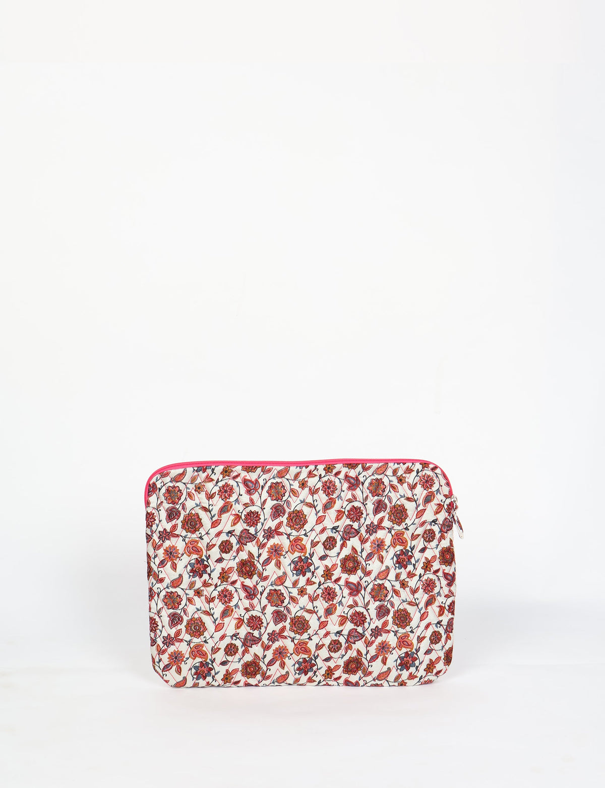 Beige quilted laptop sleeve with red and orange floral pattern and pink zipper, front view on white background