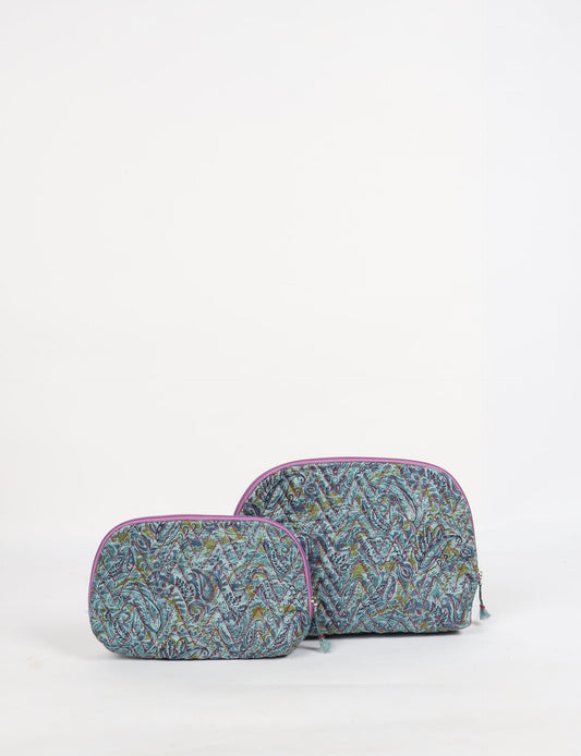 A set of two Vanity Pouches, featuring embellished beaded pullers, made from sustainable materials for eco-conscious travelers.