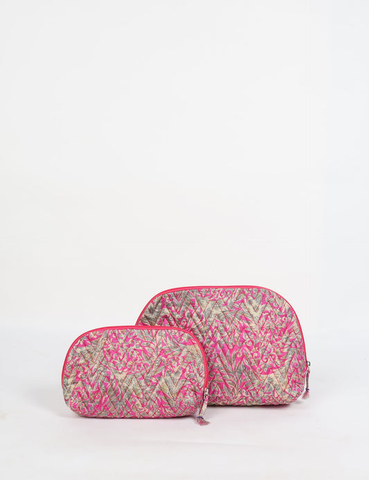 A set of two Vanity Pouches, featuring embellished beaded pullers, made from sustainable materials for eco-conscious travelers.
