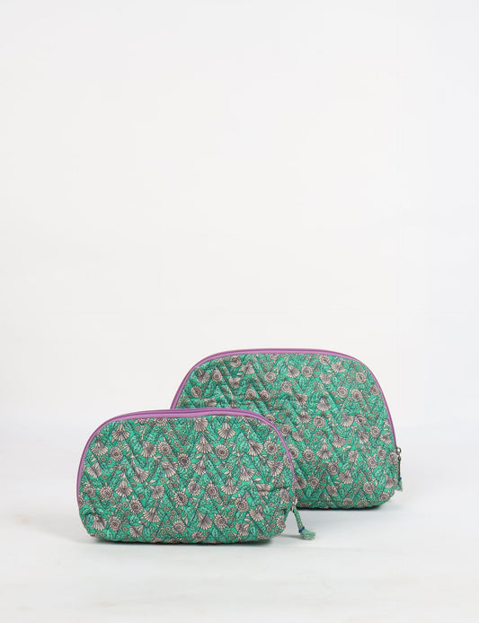 A set of two Vanity Pouches, featuring embellished beaded pullers, made from sustainable materials for eco-conscious travelers.