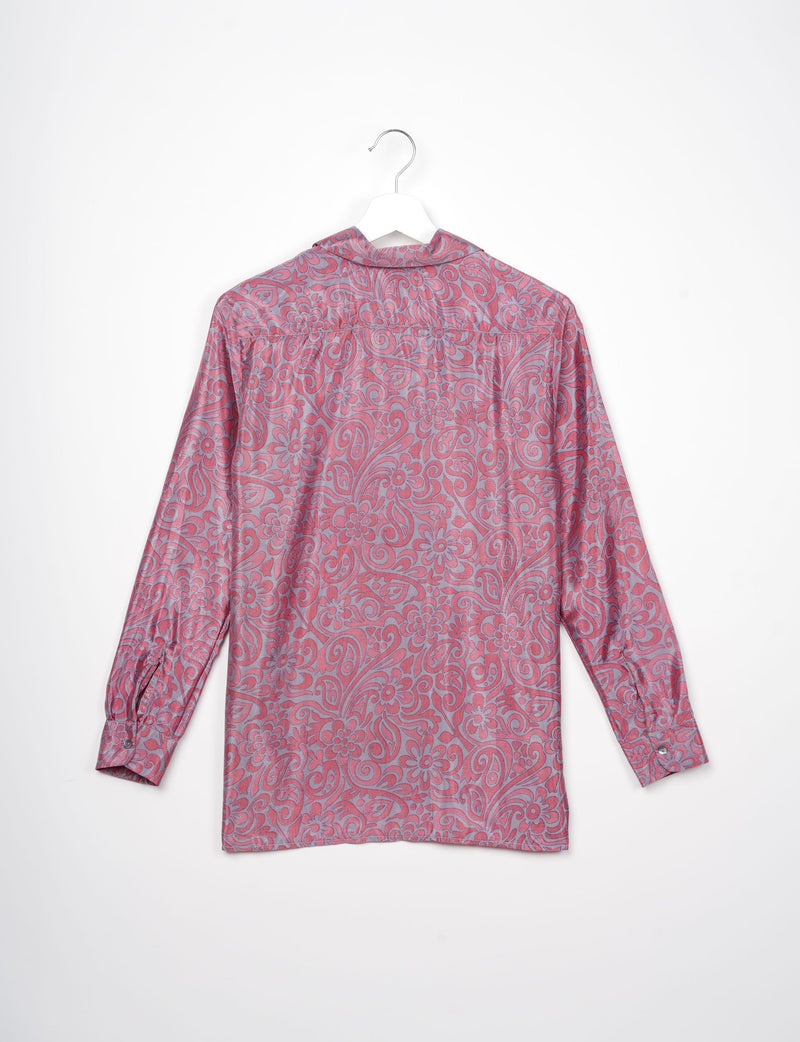 Pink floral patterned long-sleeve resort shirt shown from the back on a white hanger against a white background