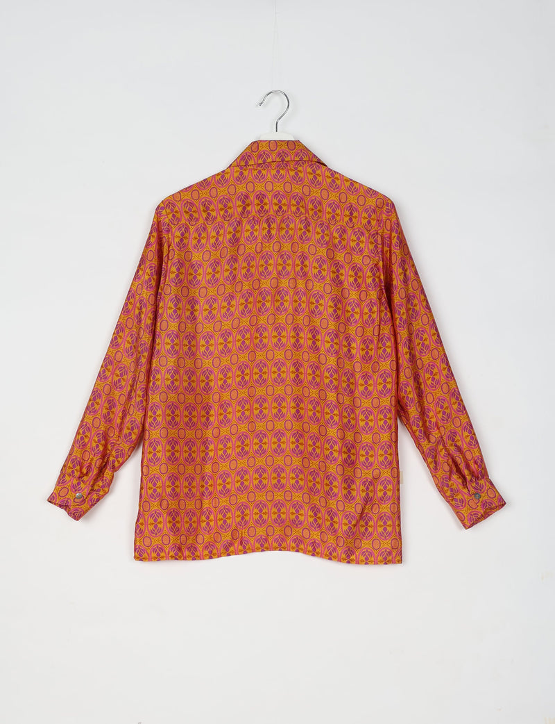 Orange long-sleeve resort shirt with purple oval floral micro design, shown from back on white hanger against white background