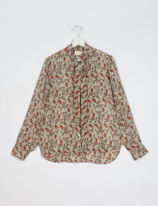 Roll-over collar Bowtie Shirt, eco-friendly and upcycled women's clothing made from recycled materials. Sustainable apparel reflecting green fashion, zero waste clothing, and conscious fashion choices.