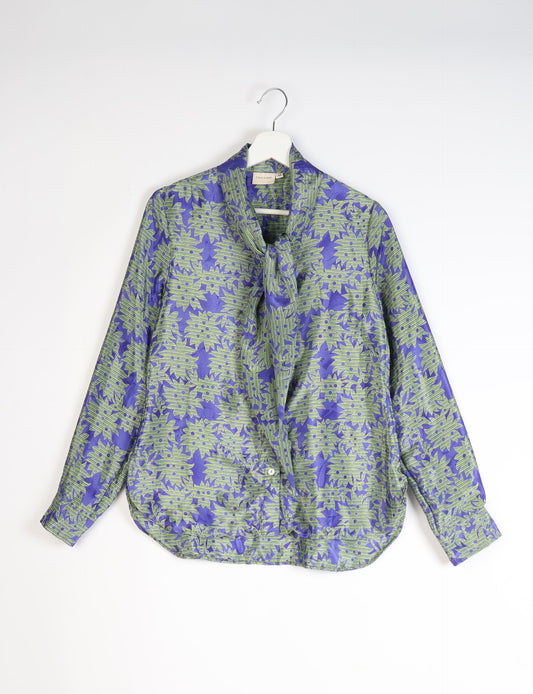 Roll-over collar Bowtie Shirt, eco-friendly and upcycled women's clothing made from recycled materials. Sustainable apparel reflecting green fashion, zero waste clothing, and conscious fashion choices.