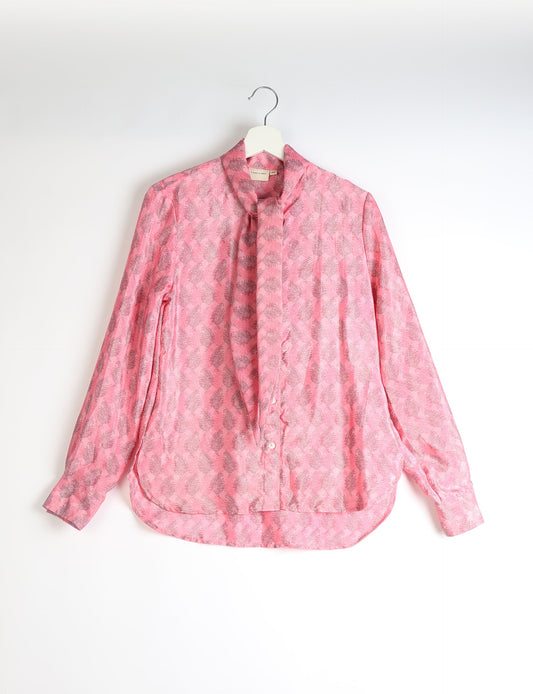 Roll-over collar Bowtie Shirt, eco-friendly and upcycled women's clothing made from recycled materials. Sustainable apparel reflecting green fashion, zero waste clothing, and conscious fashion choices.