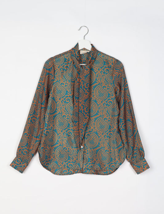 Roll-over collar Bowtie Shirt, eco-friendly and upcycled women's clothing made from recycled materials. Sustainable apparel reflecting green fashion, zero waste clothing, and conscious fashion choices.