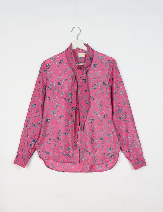 Roll-over collar Bowtie Shirt, eco-friendly and upcycled women's clothing made from recycled materials. Sustainable apparel reflecting green fashion, zero waste clothing, and conscious fashion choices.