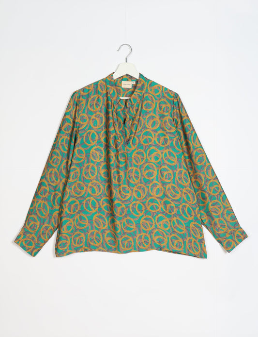 Versatile DAY BLOUSE, a sustainable wardrobe essential with a classic Johnny collar and full sleeves. Lightweight fabric for a comfortable fit, perfect for dressing up or down. Explore ethical clothing and green fashion with this eco-friendly and timeless piece, perfect for any occasion.
