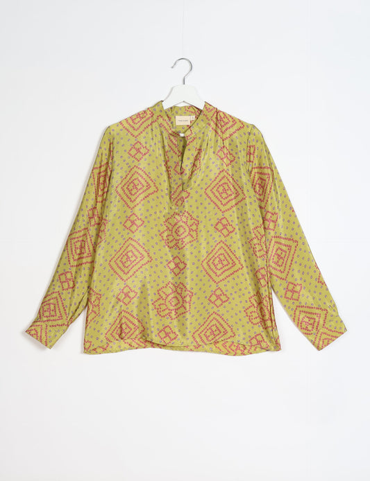 Versatile DAY BLOUSE, a sustainable wardrobe essential with a classic Johnny collar and full sleeves. Lightweight fabric for a comfortable fit, perfect for dressing up or down. Explore ethical clothing and green fashion with this eco-friendly and timeless piece, perfect for any occasion.