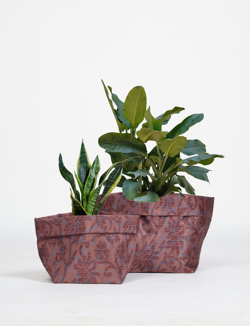 Set of two brown tropical patterned fabric plant pot covers with waterproof lining, shown with green plants inside, front view