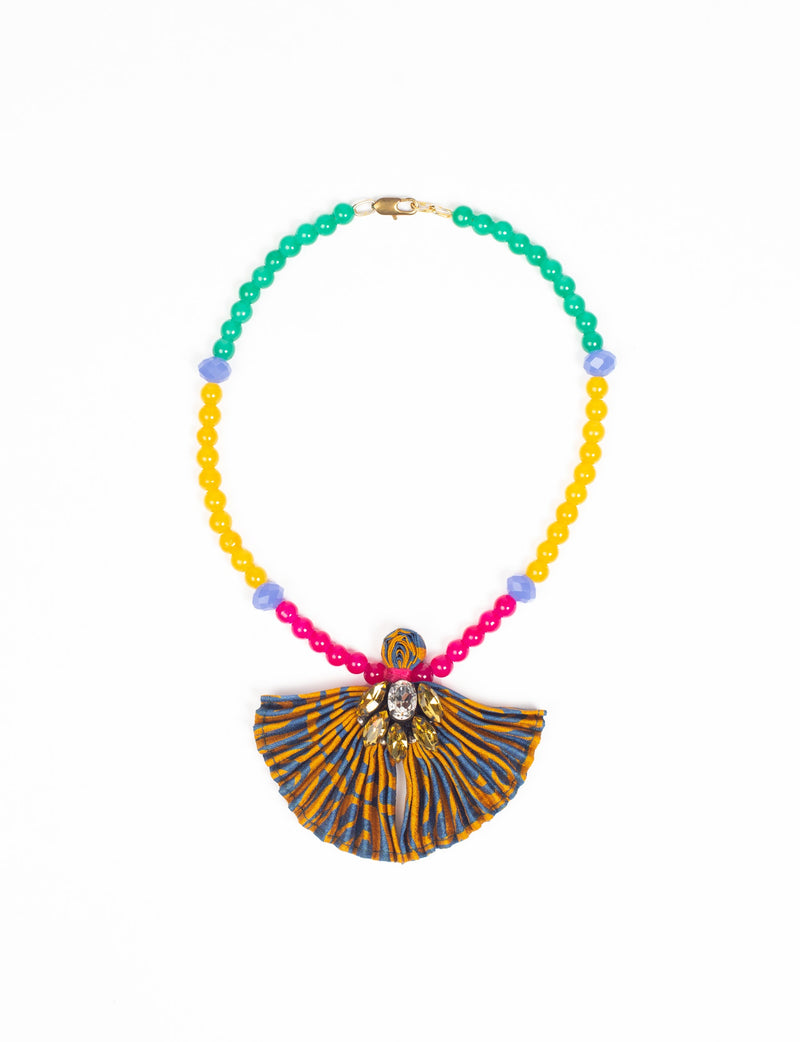 Beaded necklace with yellow, green, and pink beads, blue faceted accents, and a pleated yellow and blue fabric pendant with gems