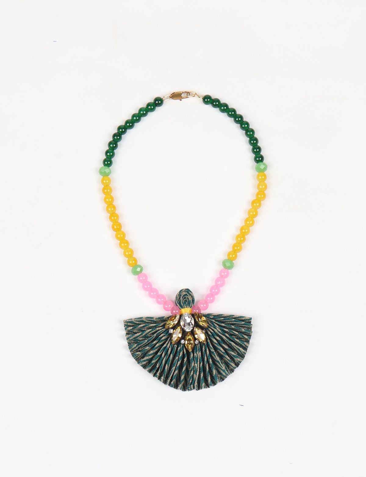 Beaded necklace with green, yellow, and pink round beads, pleated green abstract fabric pendant, and rhinestone embellishments