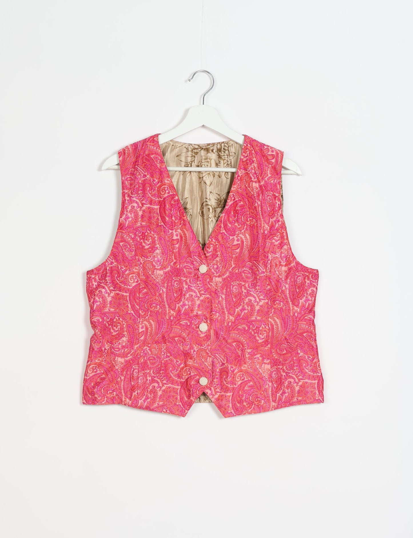 Day Waistcoat made from repurposed saris with macramé-covered buttons, showcasing eco clothing and recycled sari fashion for an eco-friendly, upcycled women's garment.
