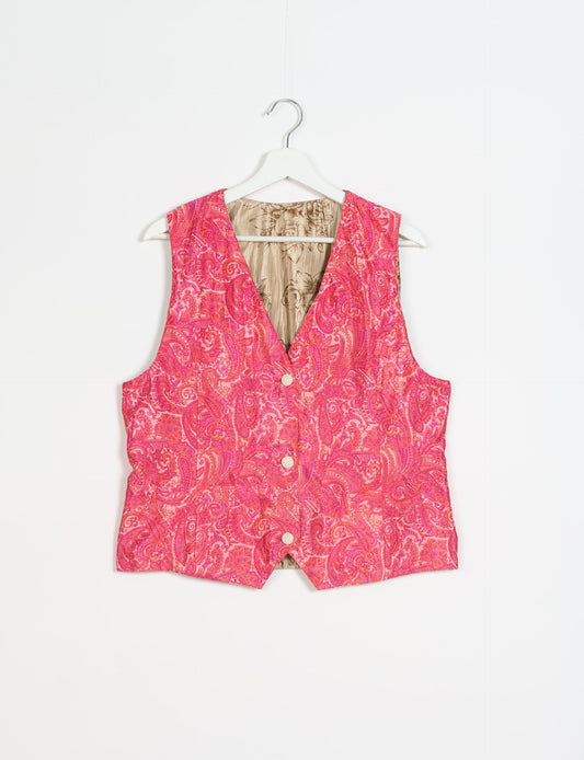 Day Waistcoat made from repurposed saris with macramé-covered buttons, showcasing eco clothing and recycled sari fashion for an eco-friendly, upcycled women's garment.