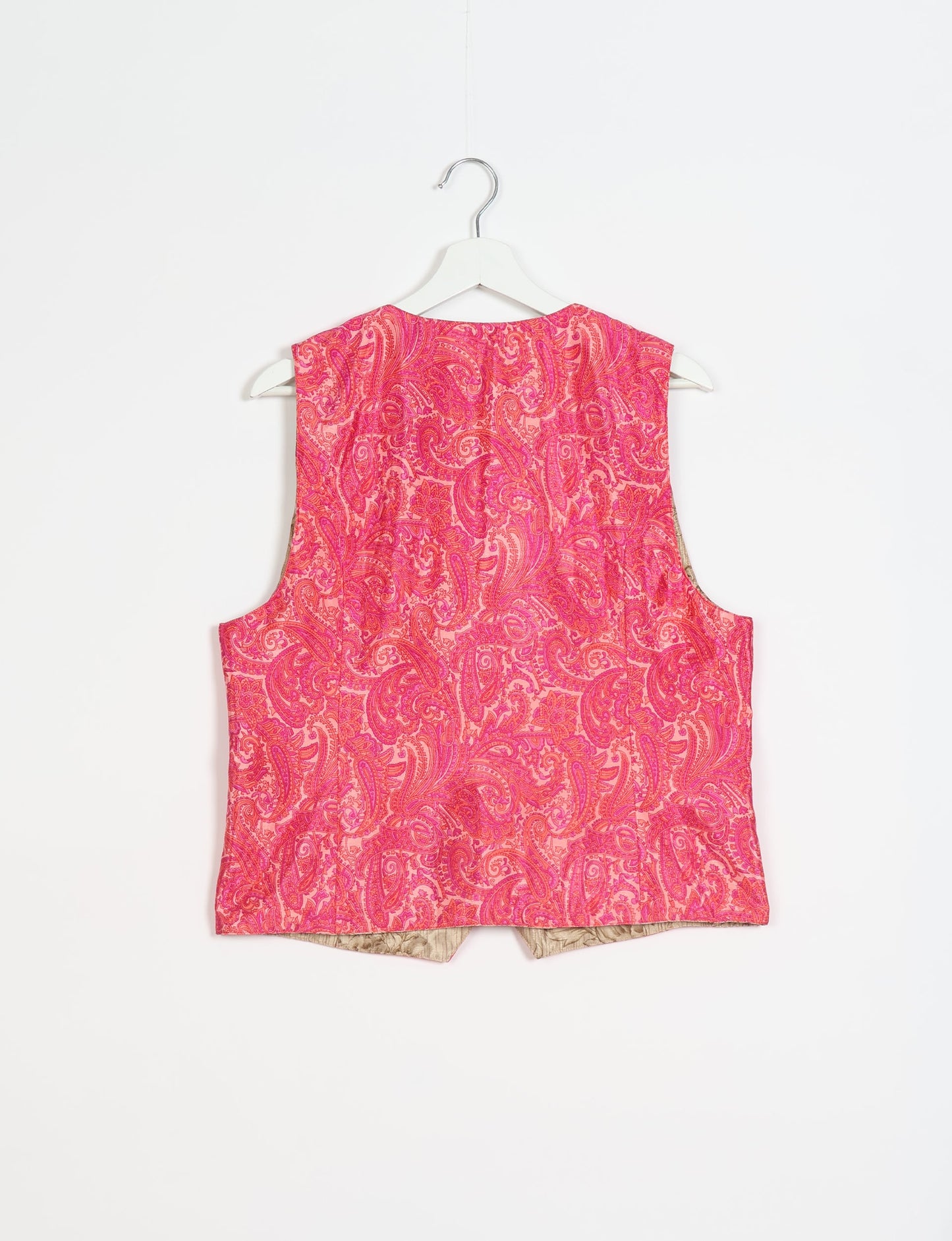 Day Waistcoat made from repurposed saris with macramé-covered buttons, showcasing eco clothing and recycled sari fashion for an eco-friendly, upcycled women's garment.