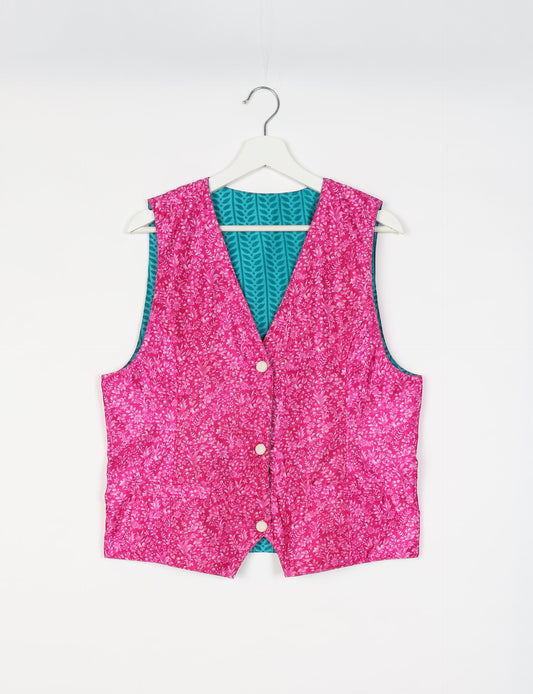 Day Waistcoat made from repurposed saris with macramé-covered buttons, showcasing eco clothing and recycled sari fashion for an eco-friendly, upcycled women's garment.