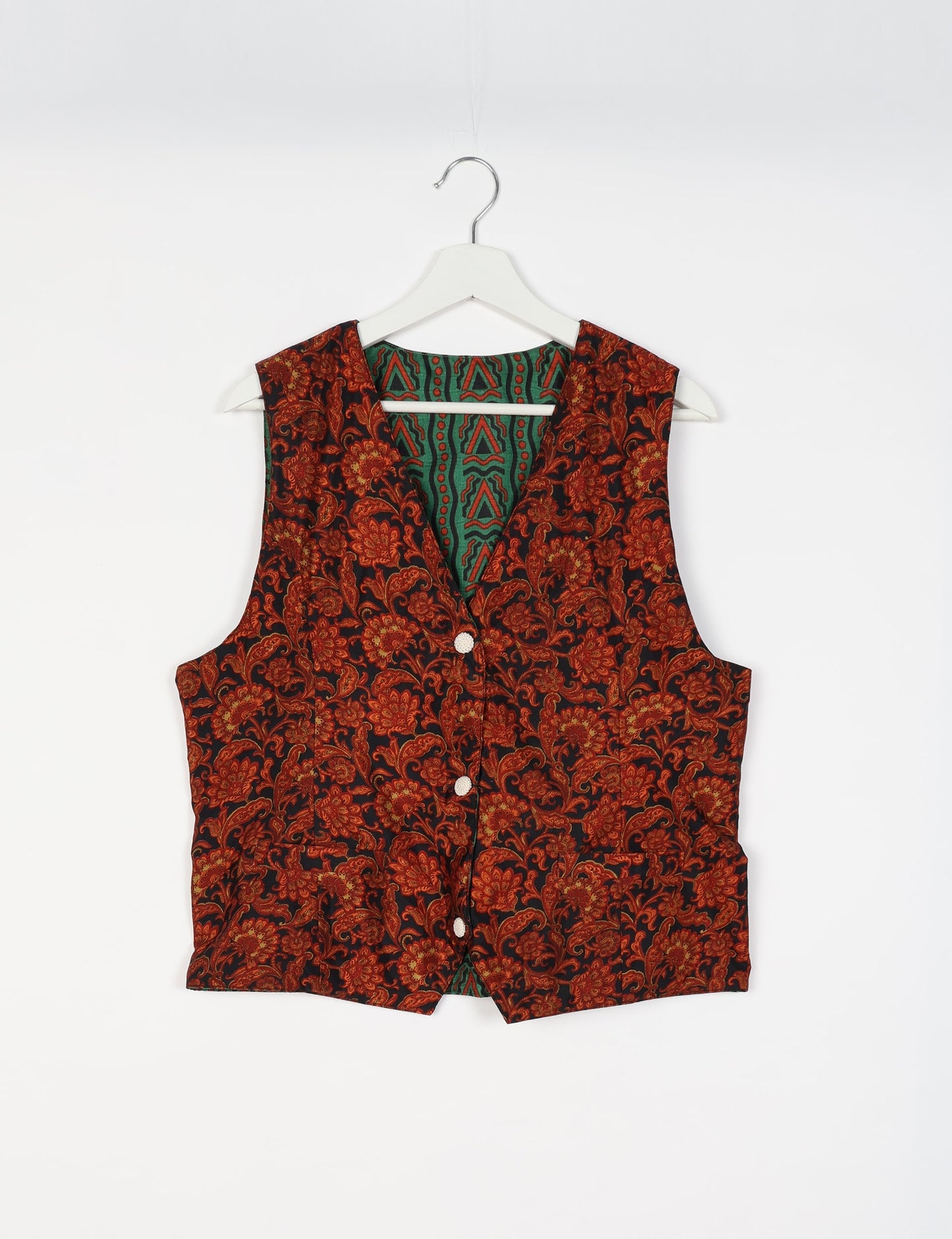 Day Waistcoat made from repurposed saris with macramé-covered buttons, showcasing eco clothing and recycled sari fashion for an eco-friendly, upcycled women's garment.