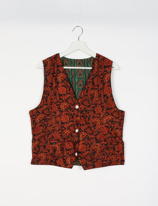 Day Waistcoat made from repurposed saris with macramé-covered buttons, showcasing eco clothing and recycled sari fashion for an eco-friendly, upcycled women's garment.